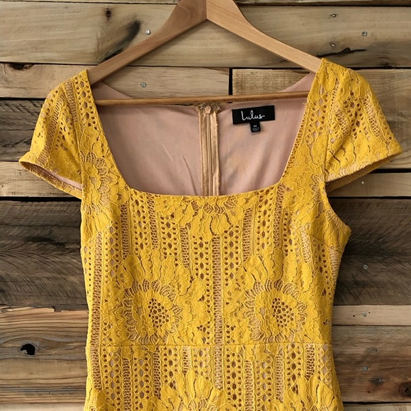 LULUS Lilian Yellow Lace Fitted Mini Dress, Size M - Picture 4 of 9